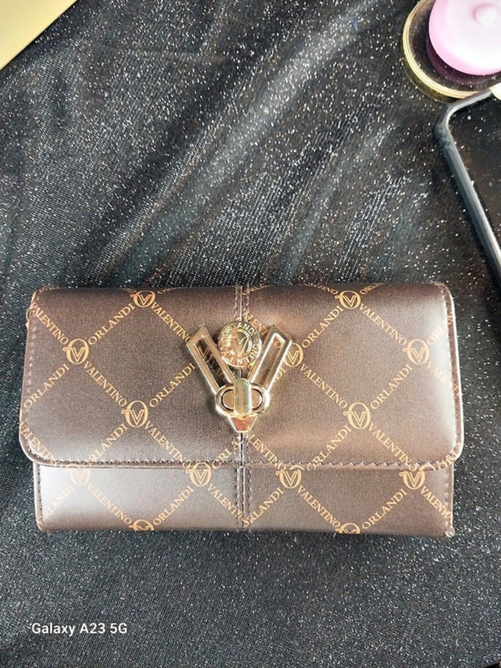Valentino Orlandi Crossbody/Clutch w/Logo Guitar Strap Brown Gold-Tone Hdwe NEW